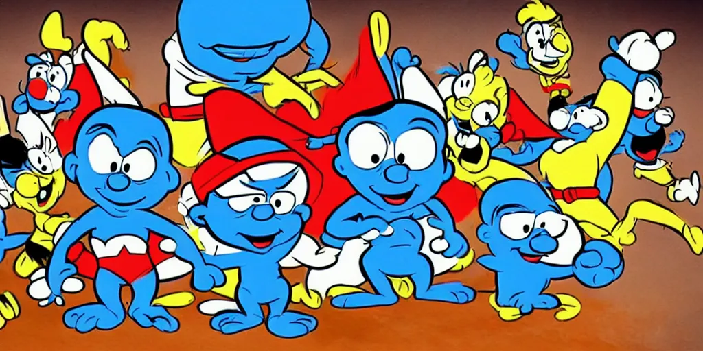 Prompt: the smurfs as superheroes, animation, cell animation, in the style of hanna barbera