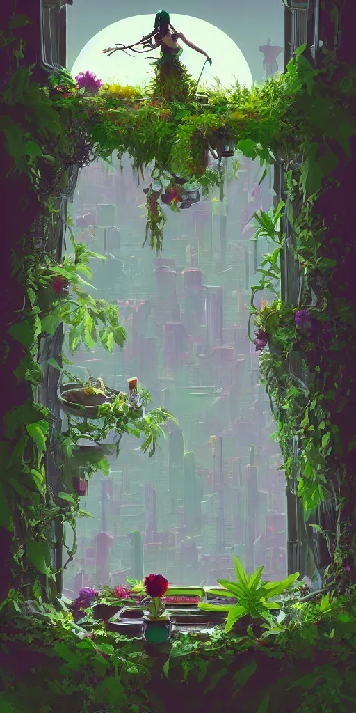 Prompt: lush solarpunk Victorian windowsill with futuristic plants on it, looking out toward a solarpunk cityscape, vignette of windowsill with a vase with flowers and a plate on it, detailed digital concept art by anton fadeev and marc simonetti, trending on artstation