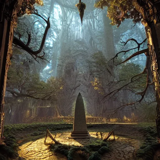 Prompt: huge stone obelisk, roots and plants growing on the obelisk, intricate detailed glowing engravings, ornate, ancient forest, vibrant atmospheric colors, D&D, Magic The Gathering, by Craig Mullins, volumetric lighting,