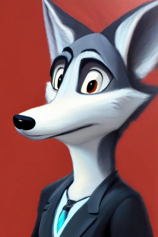 Image similar to oil painting of anthromorphic female wolf, in style of zootopia, female fursona, furry, furaffinity, 4 k, deviantart, furry art, fursona art, wearing black business suit, business suit, wolf fursona, female, smug expression,