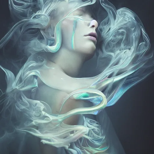 Image similar to A beautiful form made of pale blue smoke in the style of Aldo Katayanagi + Thick Milky Smoke + Mother Of Pearl +Milk and ink+ Iridescent smoky Elements + Moody Cinematic Lighting + Deep Shadows + Hyper Realistic + Maximalist Composition + Intricate Eldritch tendrils + 8K portrait + fluid dynamics