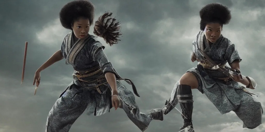 Image similar to a film still of a black woman starring in a japanese blockbuster film as ancient samurai, levitating mid air, intense, shallow depth of field, cinematic, award winning cgi, vfx, film still
