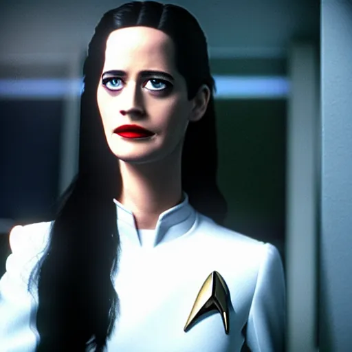 Image similar to a beautiful full body photograph of younger eva green as a star fleet officer from star trek next generation, extreme realism and detail, 8 k, completely framed, direct lighting, 3 5 mm photo, photorealistic, sharp focus