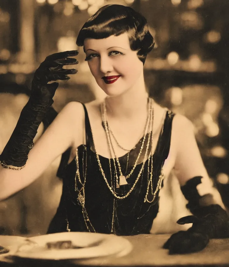 Prompt: close - up antique grainy colored photo of a 1 9 2 0 s short - haired flapper woman in black satin gloves sitting at a table and smirking seductively at the camera. in the background there is a crowded party in a dimly lit speakeasy bar, jazz age, cohesive, 5 0 mm photography, precise, cinematic, low - lighting, photography