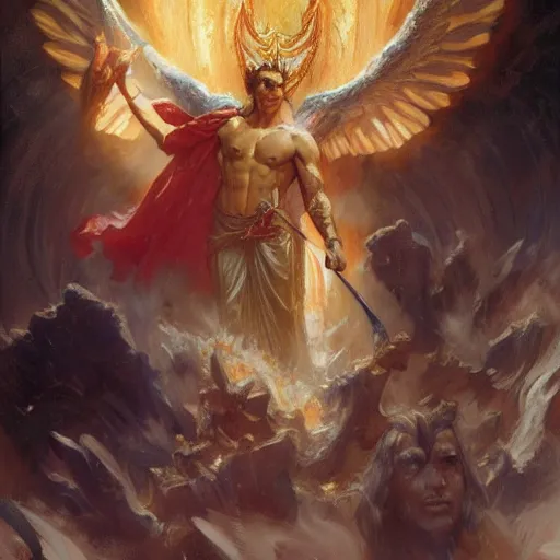 Image similar to attractive male deity casts light spell, summons attractive male lucifer morningstar. highly detailed painting by gaston bussiere, craig mullins, j. c. leyendecker 8 k