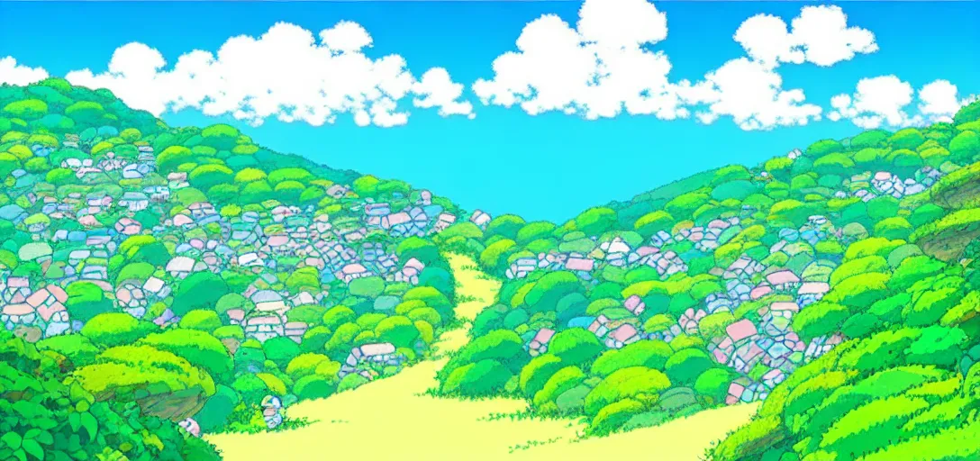 Image similar to studio ghibli hilly countryside and ocean