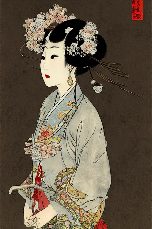 Image similar to tang dynasty songstress by akihiko yoshida and john constable