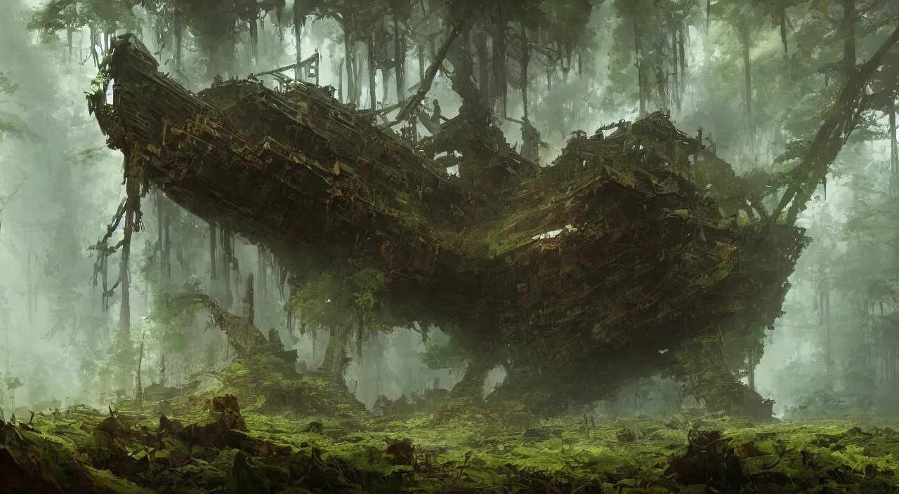 Image similar to rusty naval dreadnought shipwreck in a lush forest, sci-fi, ivy, moss, trending on artstation, concept art by Ruan Jia and Greg Rutkowski and Sebastian Luca, global illumination