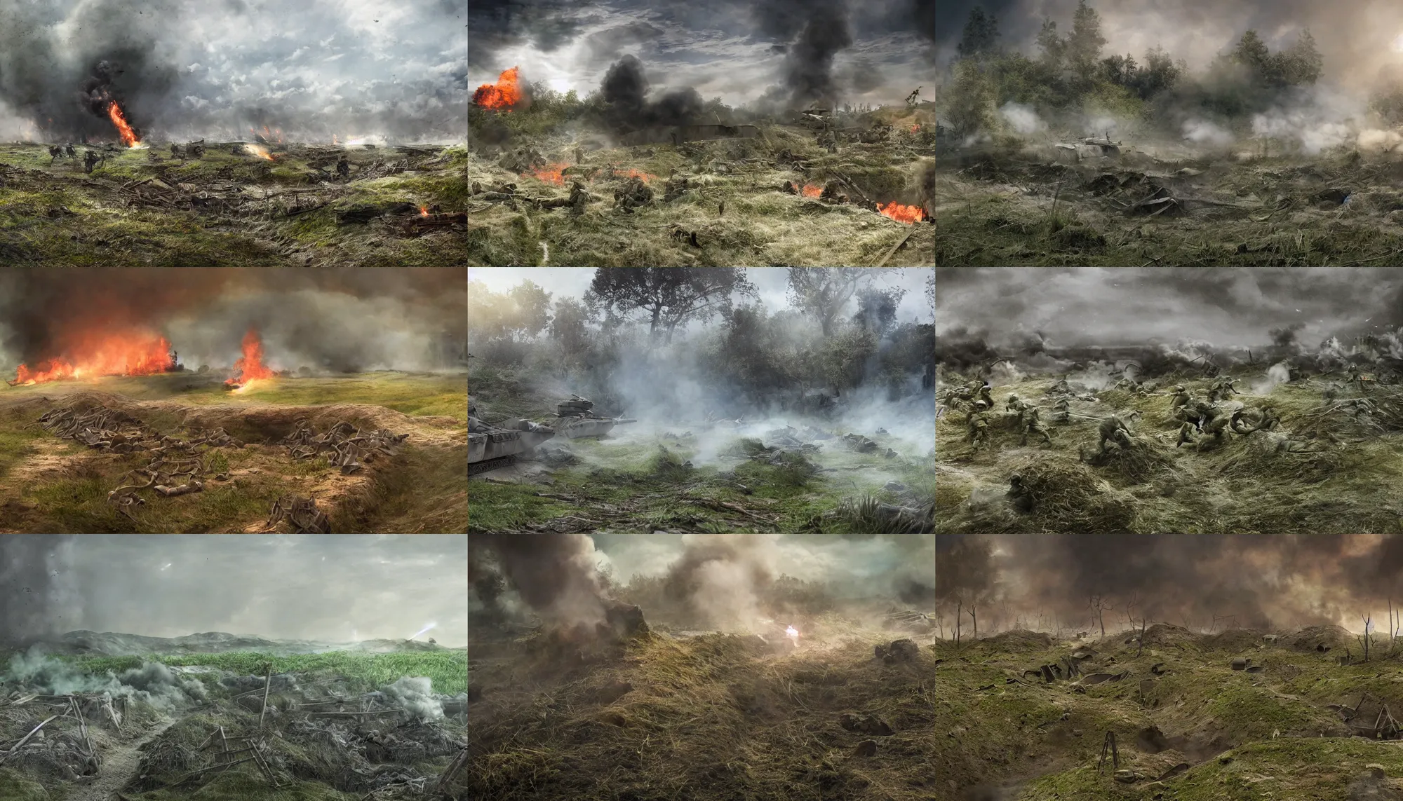 Prompt: natural looking landscape of world war 1 trenches, with green chlorine smoke spreading across land, soldiers are attacking fighting with aliens, futuristic tank is on fire, ground explosion in the background, hyper realistic, highly detailed, dramatic lighting, raytarced, god rays, 4 k, 8 k, matte painting