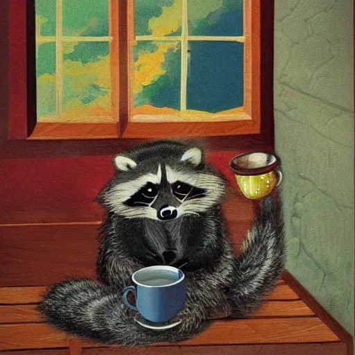 Image similar to raccoon with cup of tea by cozy fireplace, childrens book illustration,