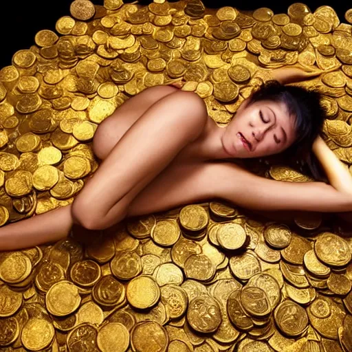 Prompt: dragon woman lounges on a bed of gold coins