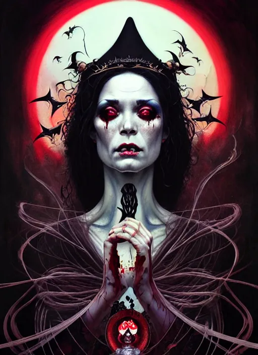 Prompt: a hyper realistic witch empress from heaven, beautiful symmetrical face, cinematic black chaos in background, award winning painting, brush splashes of blood, artwork by chiara bautista and beksinski and norman rockwell and greg rutkowski, tom bagshaw weta studio, and lucasfilm