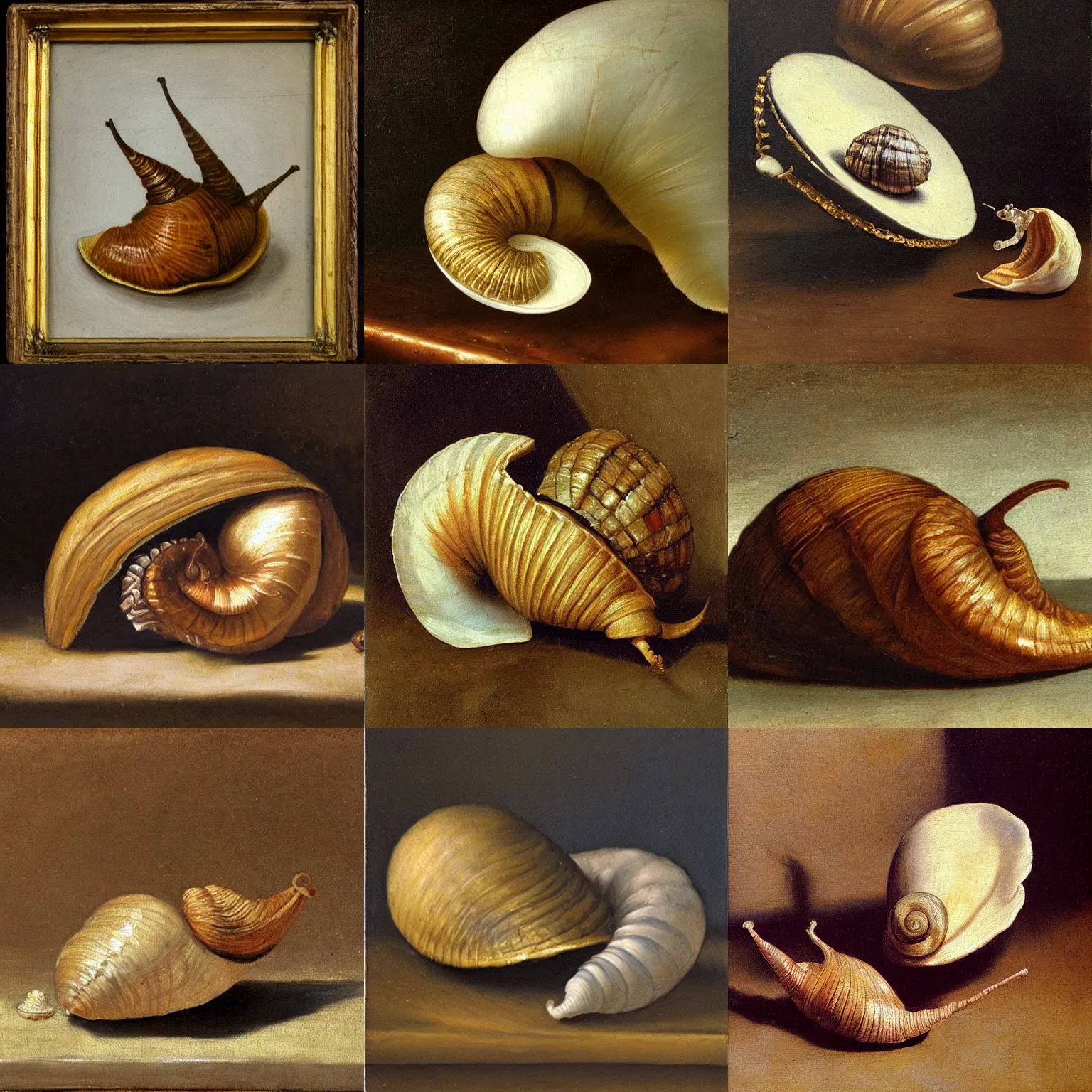 Prompt: highly detailed, by diego velazquez, artstation, oleo, sharp focus, an oil painting of a snail with a small house as a shell