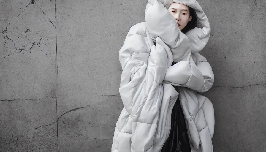 Image similar to well lit fashion shoot portrait of extremely beautiful female marble statue wearing huge over size puffer jacket by dingyun zhang, yeezy, balenciaga, vetements, a cold wall, sharp focus, clear, detailed,, cinematic, detailed, off white, glamourous, symmetrical, vogue, editorial, fashion, magazine shoot, glossy