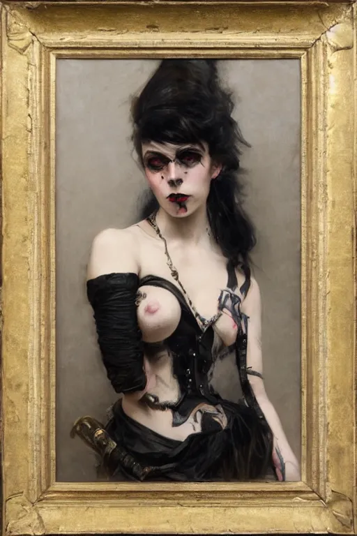 Image similar to Richard Schmid and Jeremy Lipking and Roberto Ferri full length portrait painting of a young beautiful victorian steampunk goth punk rock woman