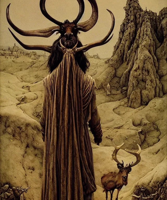 Image similar to A detailed horned antelopewoman stands by the medieval village. Wearing a ripped mantle, robe. Perfect faces, extremely high details, realistic, fantasy art, solo, masterpiece, art by Zdzisław Beksiński, Arthur Rackham, Dariusz Zawadzki