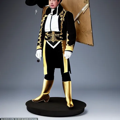 Image similar to full body photo of elon musk in the shape of a musketeer, he has a big black hat and holds a shiny sword