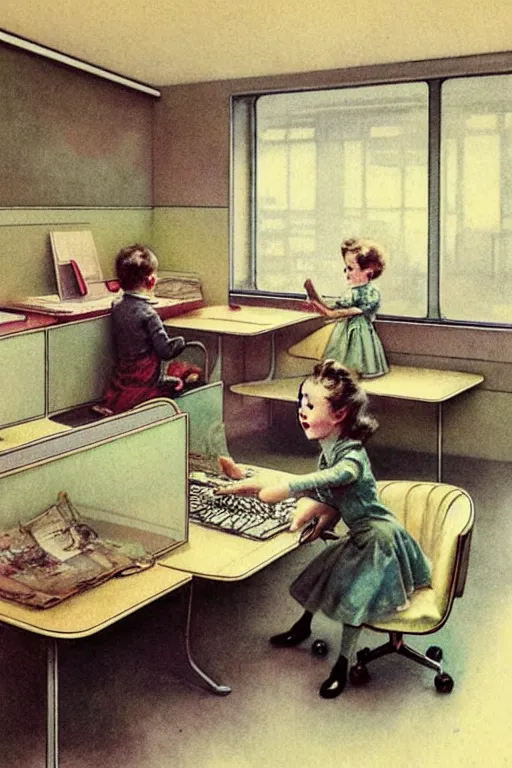 Image similar to ( ( ( ( ( 1 9 5 0 s retro future office interior. muted colors. childrens layout, ) ) ) ) ) by jean - baptiste monge,!!!!!!!!!!!!!!!!!!!!!!!!!