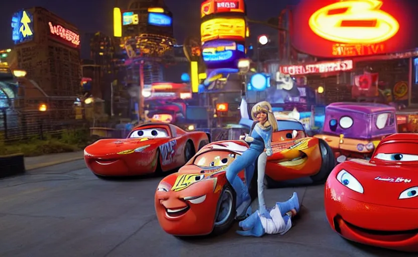 Prompt: vinn diesel and lightning mcqueen from cars 2 hugging, low - light photography, scene from the movie cars 2