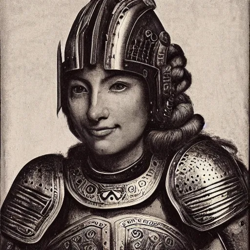 Prompt: head and shoulders portrait of a female knight, quechua!, lorica segmentata, cuirass, tonalist, symbolist, realism, indigo! and venetian red!, chiaroscuro, baroque, engraving, detailed, raven, modeled lighting, vignetting, angular, smiling