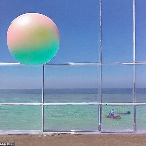 Image similar to a pastel colour high fidelity wide angle Polaroid art photo from a holiday album at a seaside with two inflatable parachute spheres, all objects made of transparent iridescent Perspex and metallic silver, a grid of sun beds iridescence, nostalgic