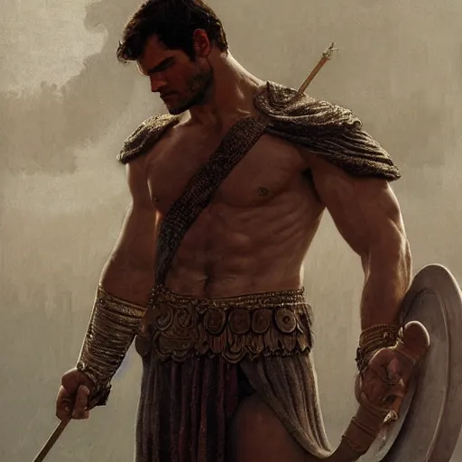 Image similar to henry cavill as a greek gladiator, gorgeous, amazing, muscular, intricate, highly detailed, digital painting, artstation, concept art, sharp focus, illustration, art by greg rutkowski and alphonse mucha