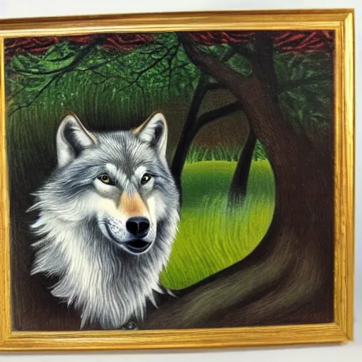 Prompt: wolf with 2 faces, portrait, Henri Rousseau style, oil