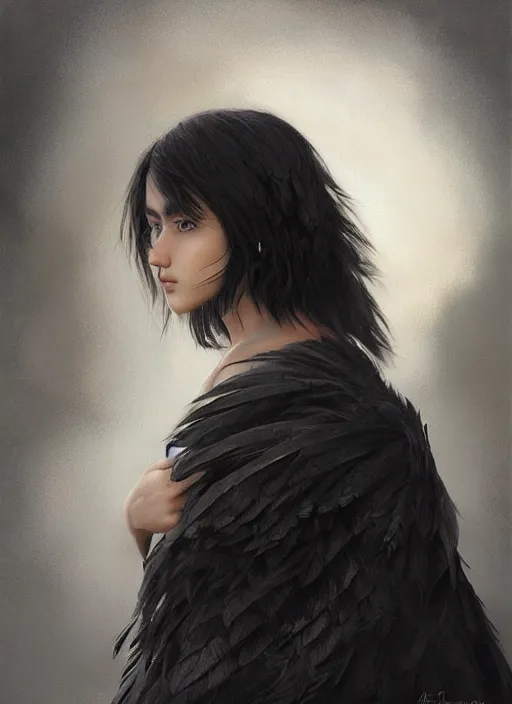 Image similar to a teenage girl with very short black hair and a huge cloak made of grey and black feathers. beautiful highly detailed face. beautiful painting by artgerm and greg rutkowski and raymond swanland, detailed portrait, closeup