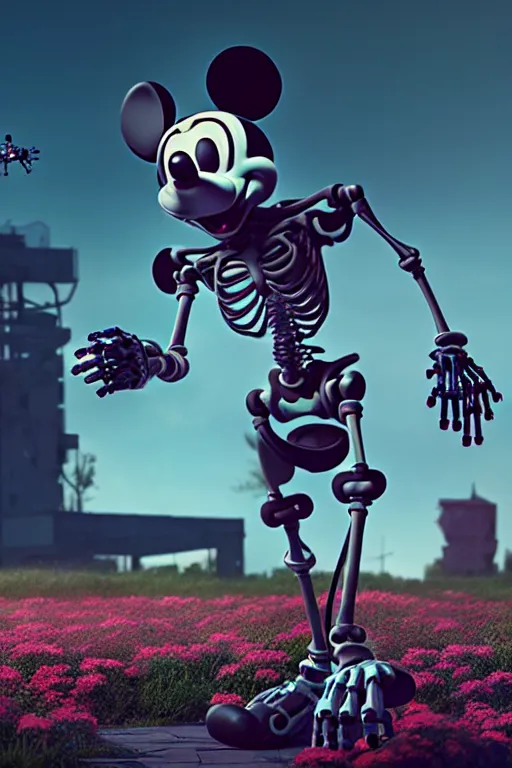 Prompt: a skeletal, mickey mouse made out of flowers and bones, walking with a robot, in the cyberpunk countryside, drones flying by beeple, nychos and arcimboldo, cinematic lighting, highly detailed octane render