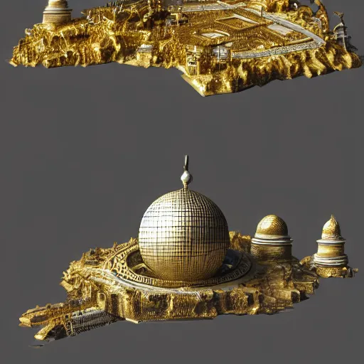 Image similar to hyper detailed hardsurface modelled 3 d geometry, houdini destruction of aminimalist design temple, tarnished gold sphere is far far in the distance, deep perspective, wide angle, insanely detailed and intricate,, eal, gold, silver red, paradise hospital environment,