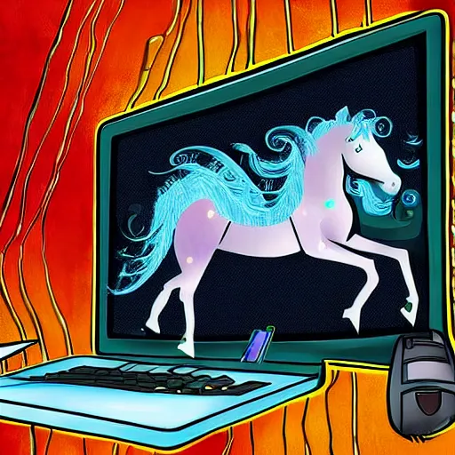 Image similar to a unicorn hacking a computer, digital art