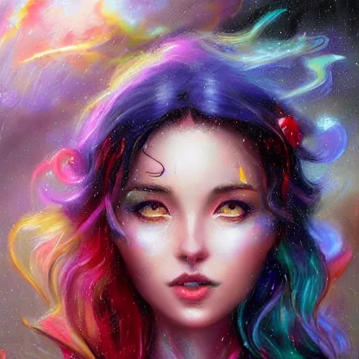 Prompt: a fantastic vibrant mixed pastels 3 d painting of a somber female sorceress under a cloudy rainstorm weather, anaglyphy effect, cgsociety # conceptart cg, # oc, by vanessa lemen by charlie bowater by jeff easley by stephanie hans in deep space by ross tran by vanessa lemen by nasa hubble space telescope images