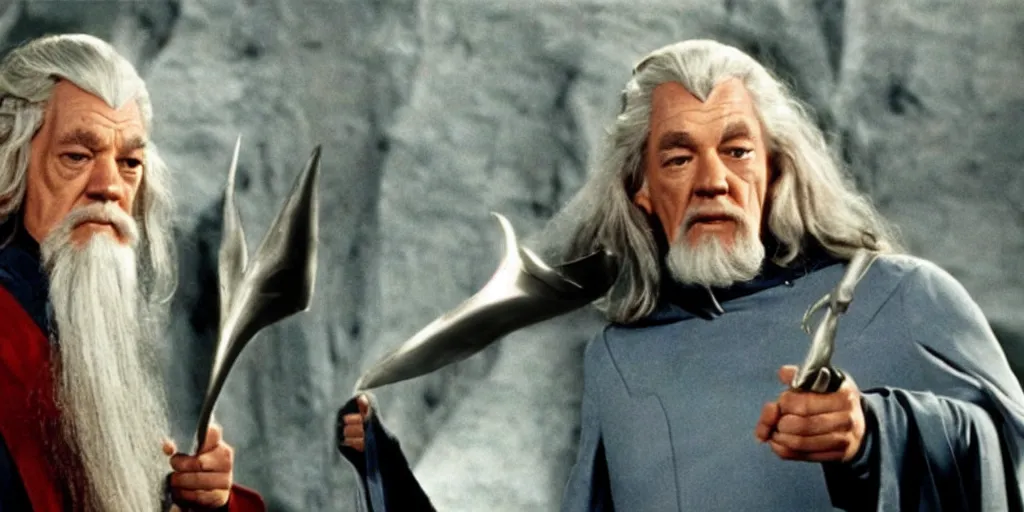 Image similar to Gandalf, in starfleet uniform, in the role of Captain Kirk in a scene from Star Trek the original series