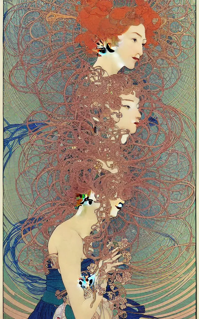 Prompt: wave, particle, synth, frequencies, pattern, oscillation. wave-particle duality. beautiful japanese embroidery. vibrant, colorful, by james jean by alphonse mucha