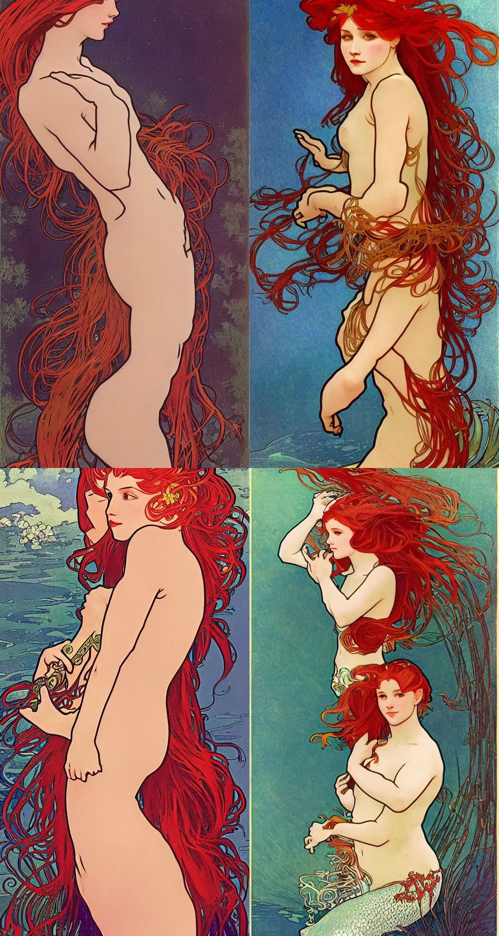 Prompt: mermaid with red hair, teen girl, in real life, photorealistic, uplight, illustration as by Alphonse Mucha