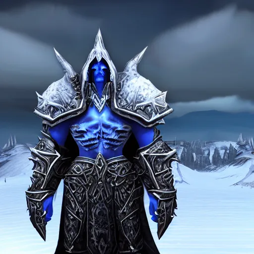 Image similar to world of warcraft arthas viewed from the back standing in front of a vast icy land and dark icy mounatins in the background, extreely detailed, wow, cinematic, unreal engine 5, artistic, movie poster, world of warcraft cinematics style, only dark contrasting colours, colours ranging of blue white and black