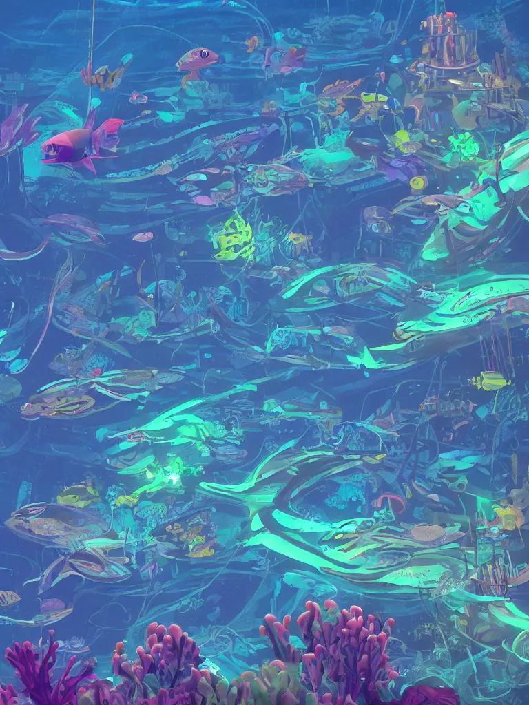 Image similar to neon fish under water at night as seen from overhead by disney concept artists, blunt borders, rule of thirds