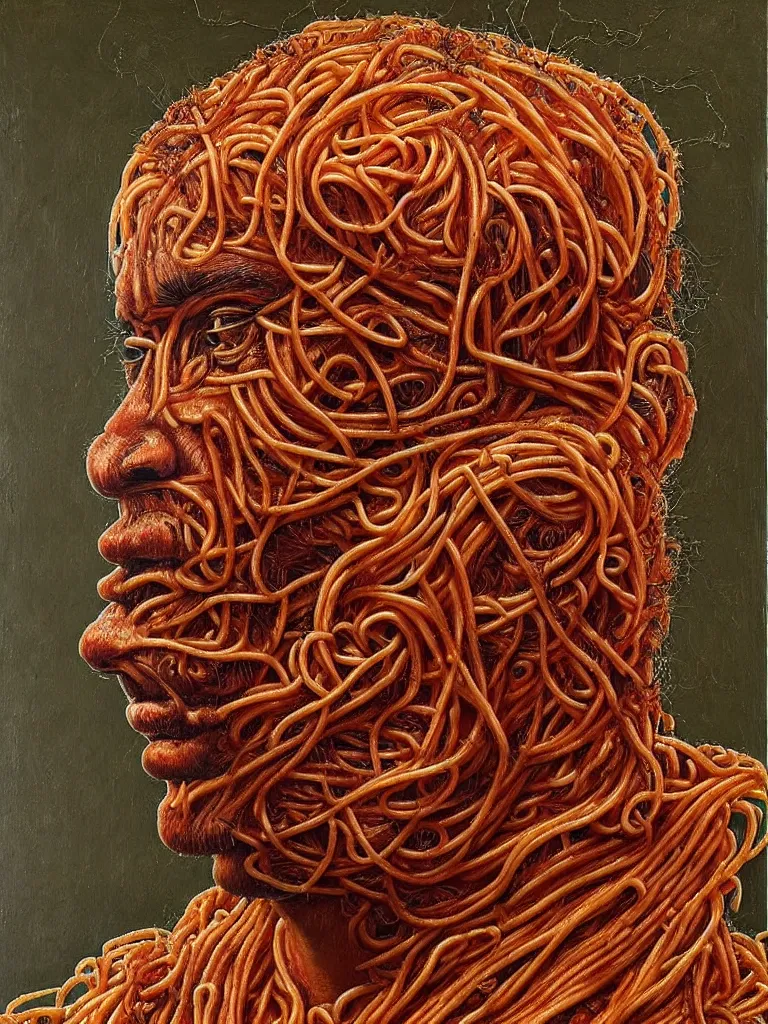 Image similar to virgil van dijk made of spaghetti, by giuseppe arcimboldo and ambrosius benson, renaissance, intricate and intense oil paint, a touch of beksinski and hr giger and edward munch, realistic