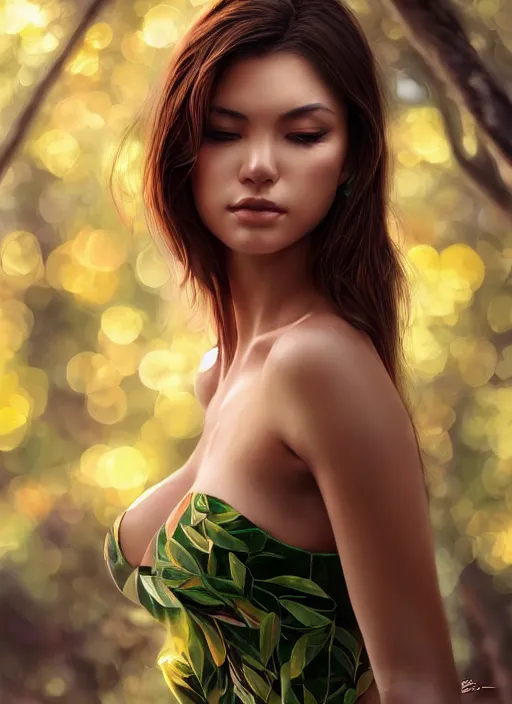 Image similar to photo of a gorgeous female in the style of stefan kostic, realistic, half body shot, sharp focus, 8 k high definition, insanely detailed, intricate, elegant, art by stanley lau and artgerm, extreme bokeh foliage