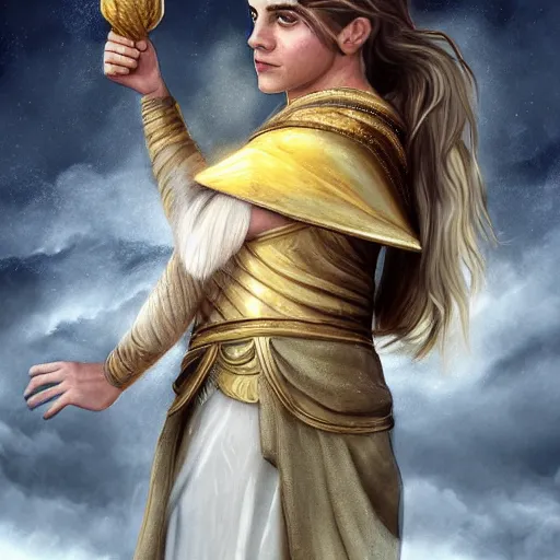 Prompt: Emma Watson as ancient greek woman in golden helmet standing on giant grey-haired bearded male face in the sky, epic fantasy style art, fantasy epic digital art