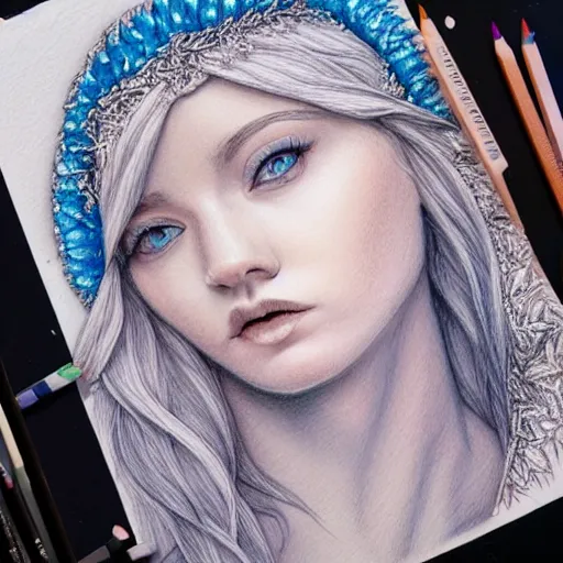 Prompt: colored pencil art on paper, frost queen, highly detailed, artstation, masterpiece, award - winning, caran d'ache luminance