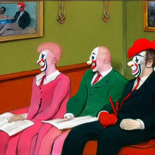 Prompt: a highly detailed portrait close up art painting of british members of parliament in the house of commons wearing pastel coloured clown costumes with pleasant oversized joyful faces, they are smoking. in the style of edward hopper, richard hamilton. concept art. green leather benches. coloured by rembrandt. photographic. concept. digital art. no artefacts. desaturated. high fidelity facial portrait. 8 k