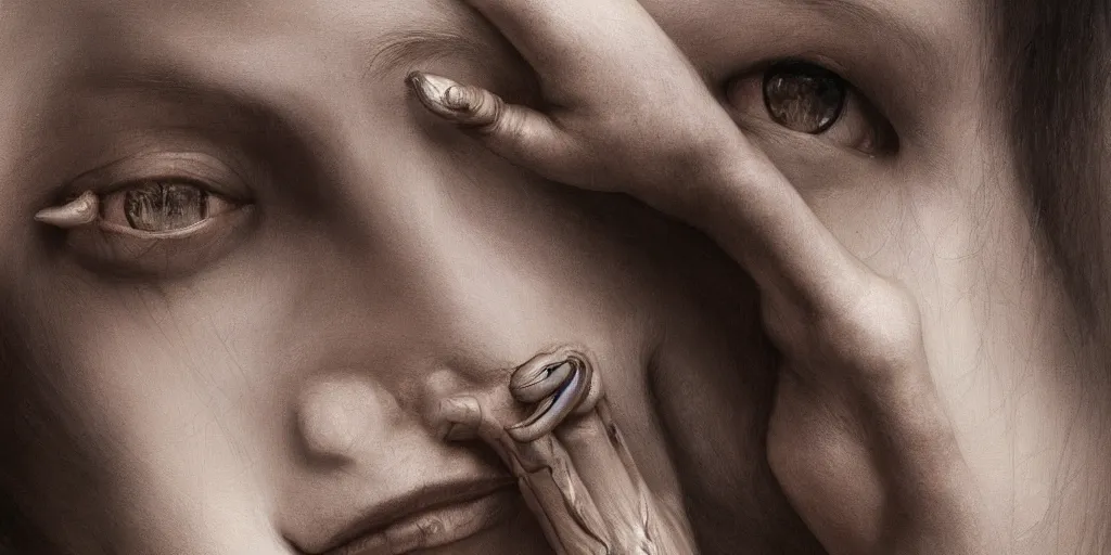 Prompt: hyperrealistic photography of a highly intricate, stunning, beautiful, perfect cyborg female, elbow, knee, intimate, hand holdings, in the style of beth cavener, jin kagetsu,, and wlop, highly detailed, face, eyes closed, symmetry, masterpiece, award - winning, sharp focus, concept art, ambient lighting, 8 k, artstation