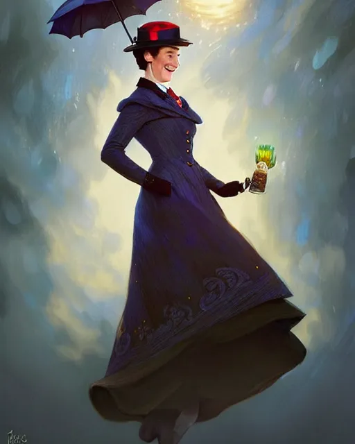 Image similar to Julie Andrews as Mary Poppins smiling and looking to the side, D&D, fantasy, intricate, elegant, highly detailed, digital painting, artstation, concept art, matte, sharp focus, illustration, hearthstone, art by Artgerm and Greg Rutkowski and Alphonse Mucha