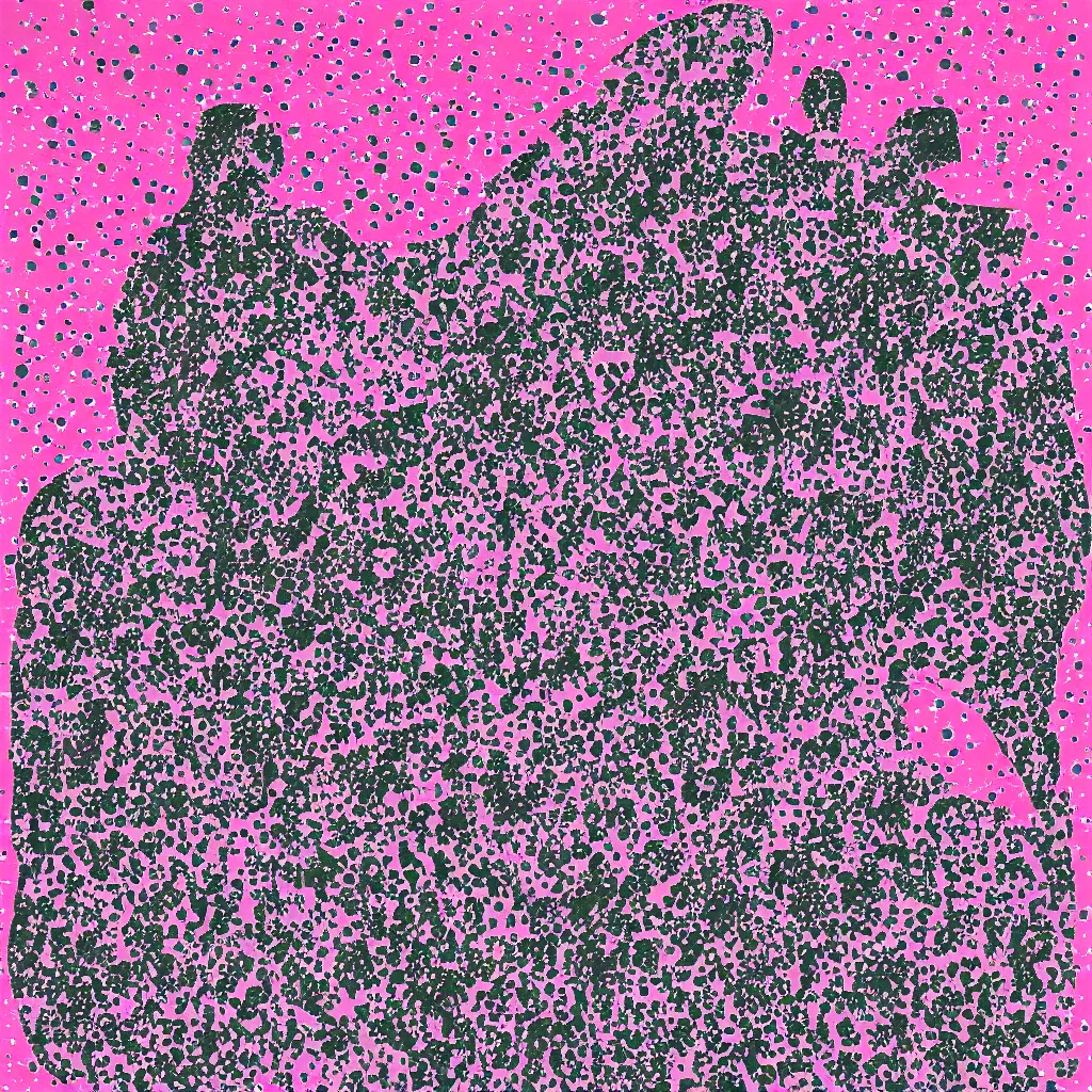 Image similar to camo made of out teeth, smiling, abstract, maya bloch artwork, pink convertible, do hoang tuong artwork, cryptic, dots, stipple, lines, splotch, concrete, color tearing, pitch bending, faceless people, tribal, dark, ominous, eerie, minimal, points, technical, painting