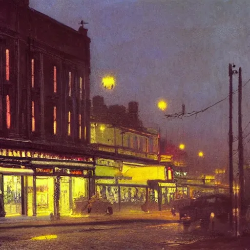 Image similar to Lygon Street, Carlton at night in the style of John Atkinson Grimshaw