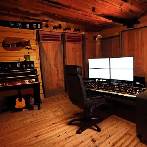 Image similar to super cool and cozy music studio at night cottagecore interior