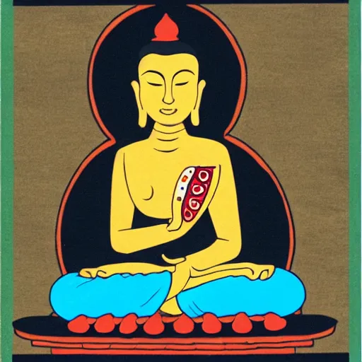 Image similar to the buddha eating a slice of pizza