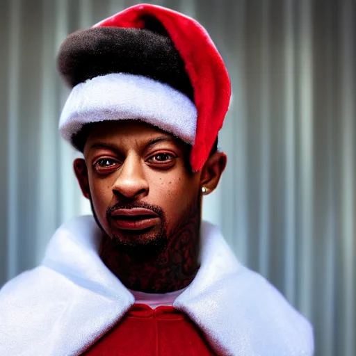 Prompt: 2 1 savage as santa, 4 k, global illumination, hyperrealism, photo realistic, highly detailed, lumen