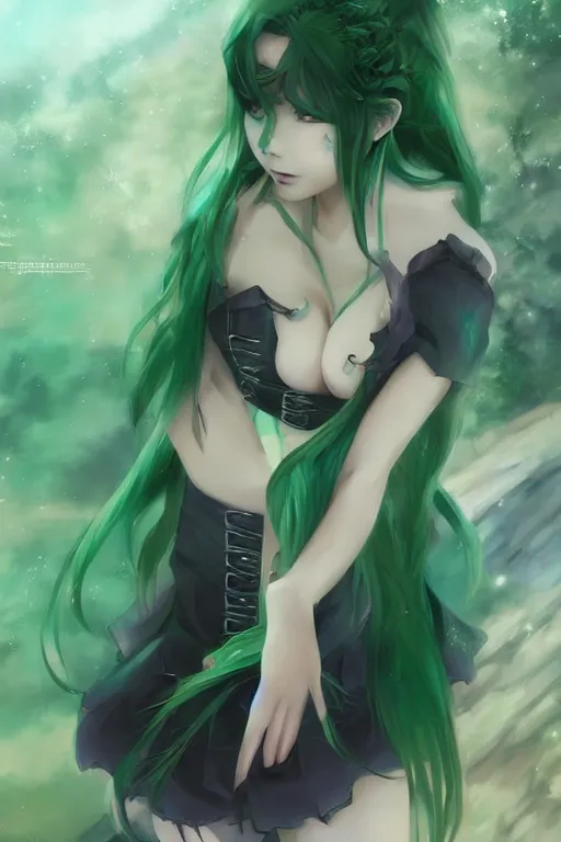 Prompt: anime girl with green hair wearing a corset, anime style, fantasy art, gorgeous face, digital drawing, by makoto shinkai, by wenjun lin